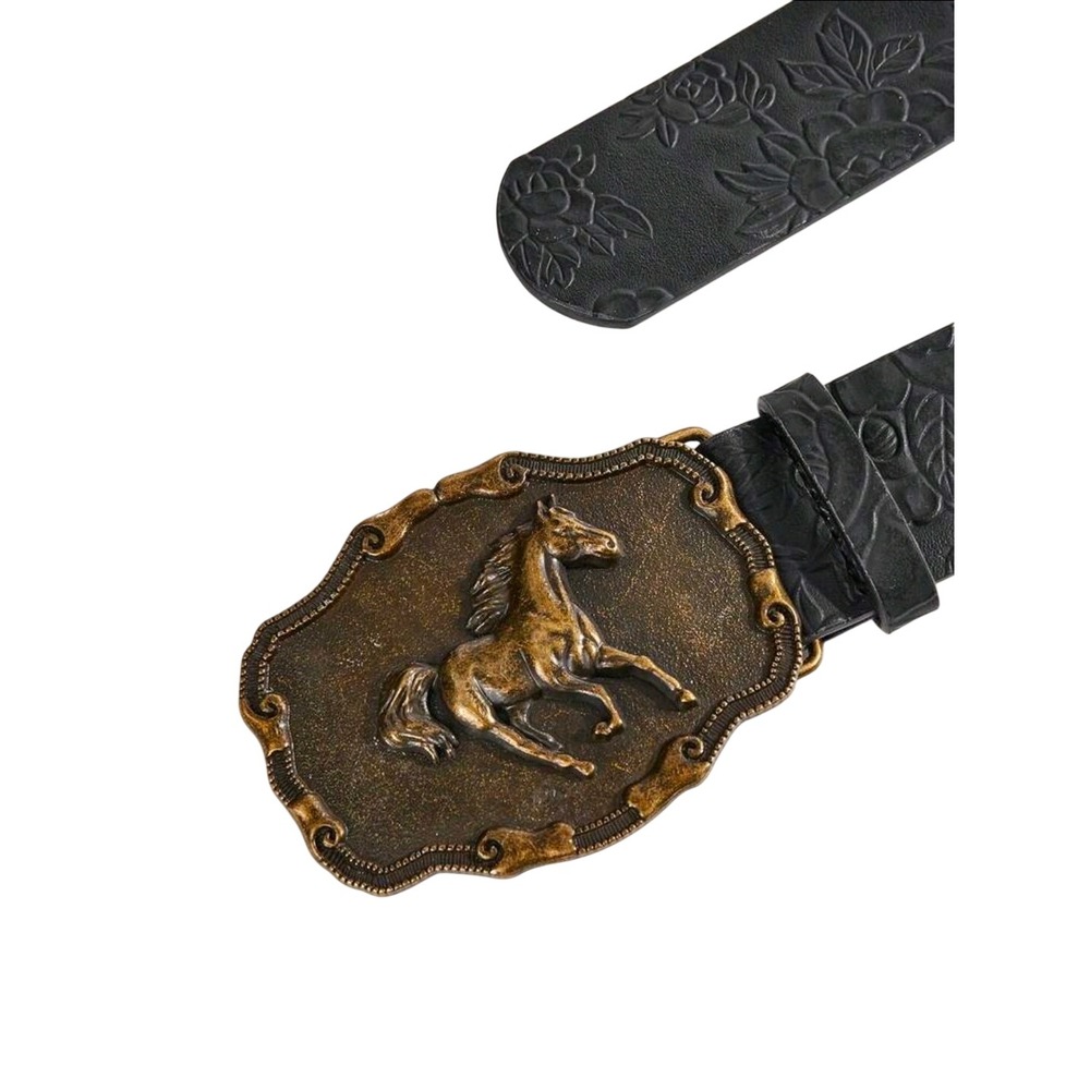 Womens Black Floral Embossed Western Belt Bronze Horse Trophy Buckle Equestrian - Picture 3 of 4